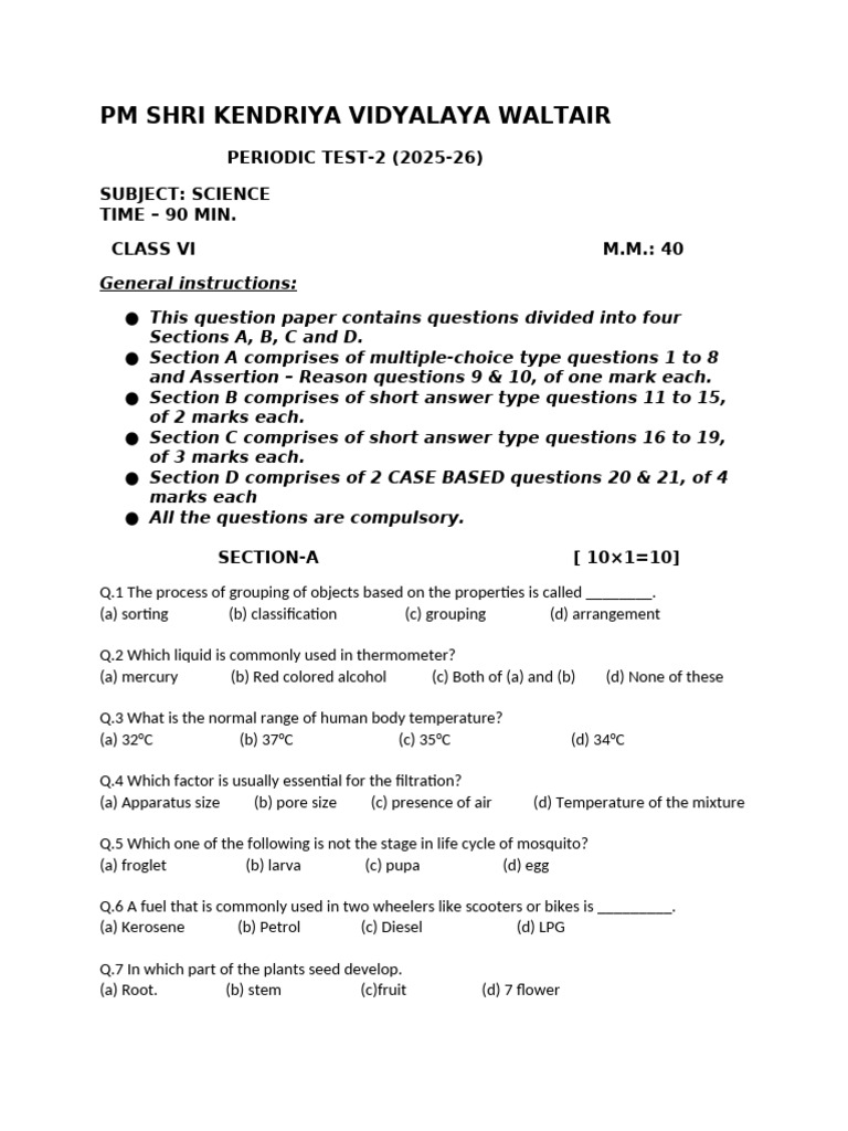 Class VI Science Periodic Test 2025-26 | PDF