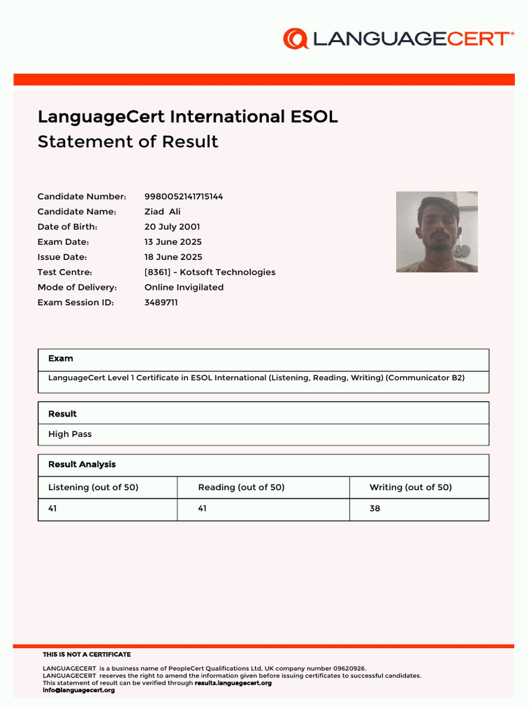 Ziad Ali LanguageCert ESOL Results | PDF | English As A Second Or ...