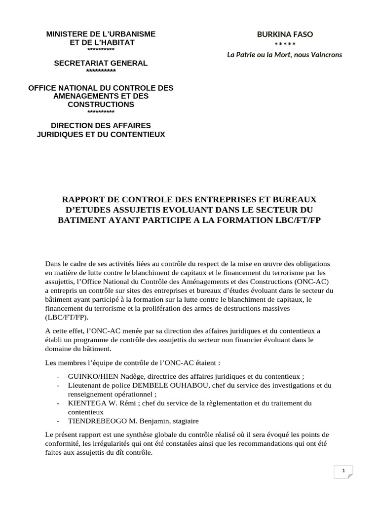 Rapport sur le contrôle LBC/FT/FP bâtiment | PDF