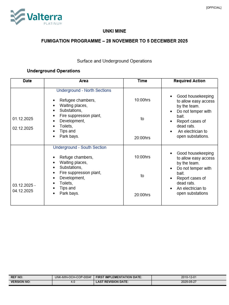 Unki Mine Fumigation Schedule 2025 | PDF | Secondary Sector Of The ...