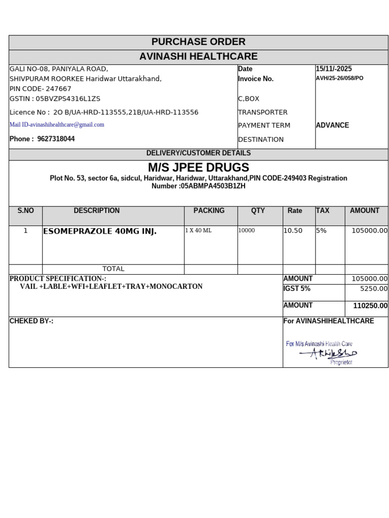 Purchase Order for Esomeprazole Injection | PDF