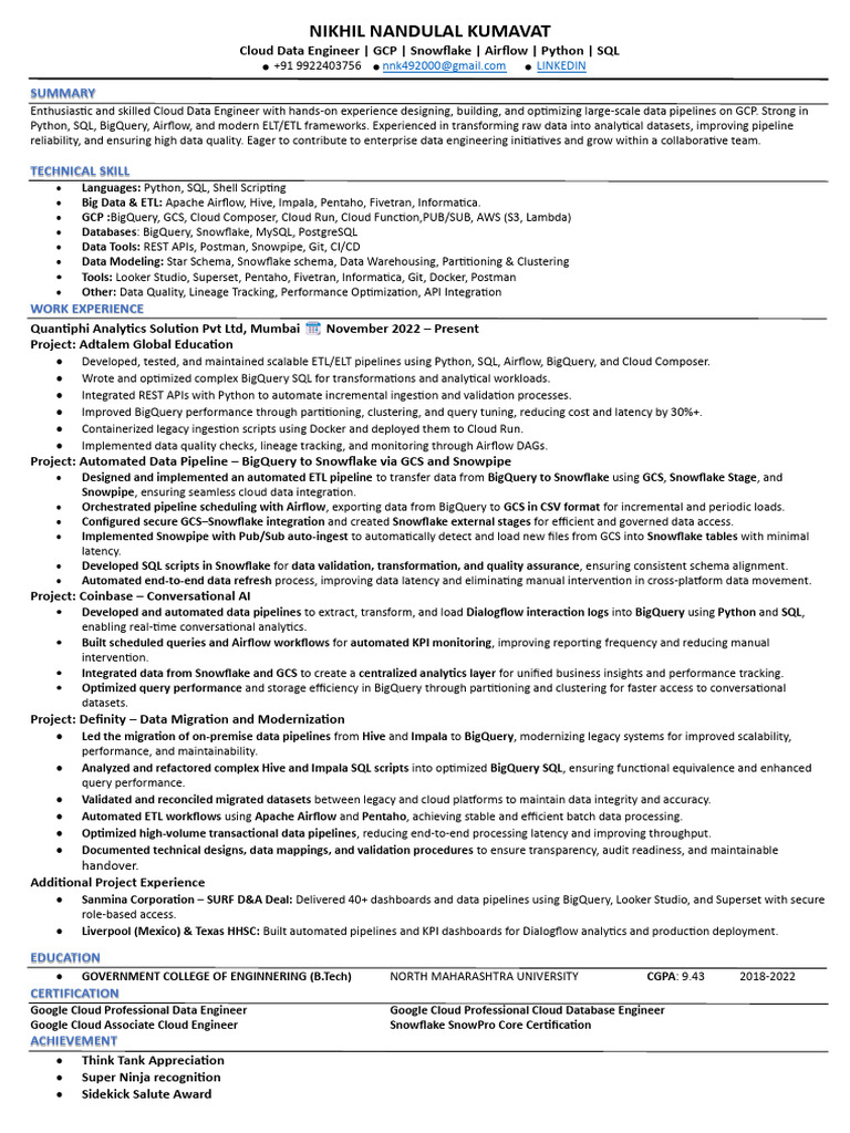 Cloud Data Engineer Resume - GCP & Snowflake | PDF | Cloud Computing ...