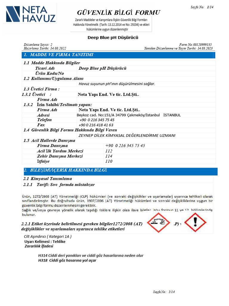 Deep Blue Sivi PH Düşürücü (MSDS) | PDF