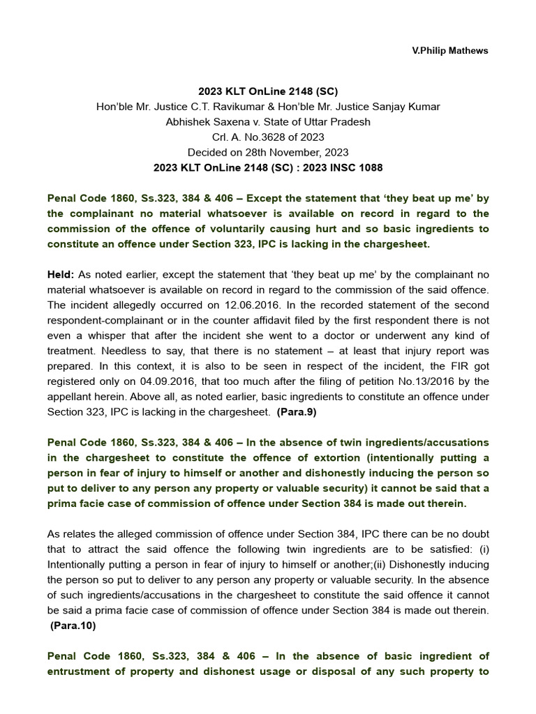 Supreme Court Ruling on IPC Sections 323, 384, 406 | PDF | Crimes ...
