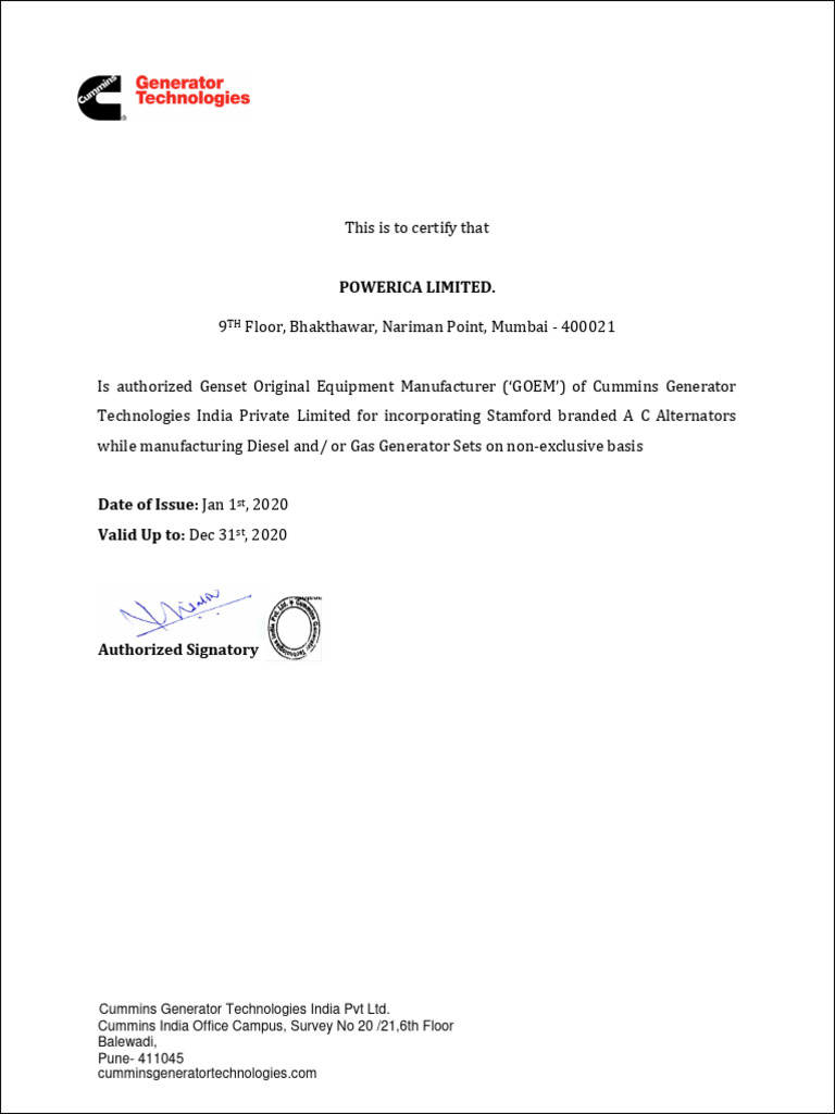 Cummins GOEM Certification for Powerica | PDF