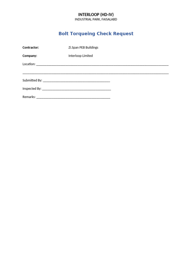 Bolt Torqueing Check Request Form | PDF