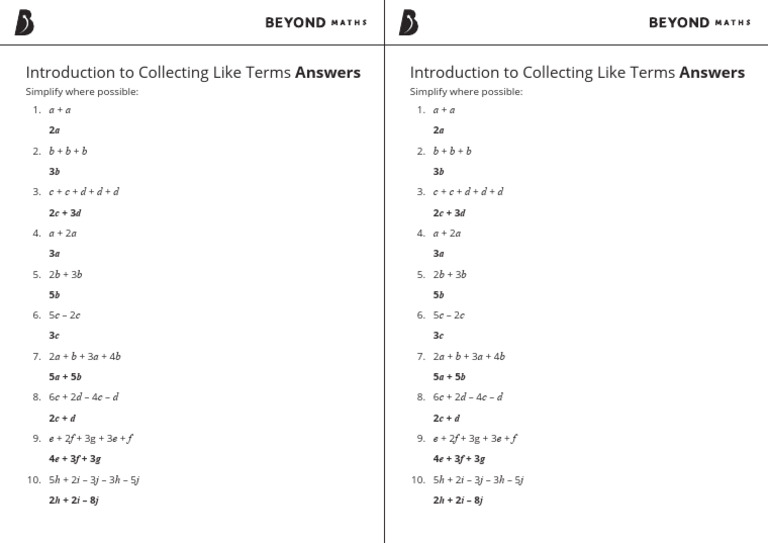 Introduction to Collecting Like Terms (Answers) - A5 | PDF