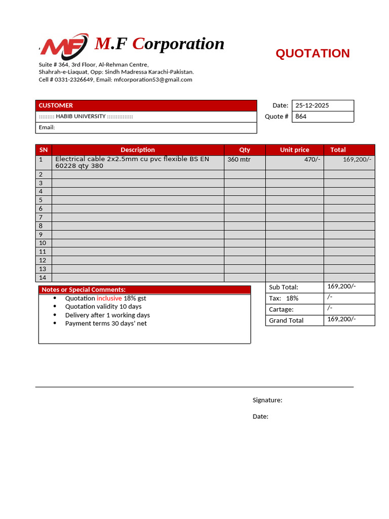 Quotation for Electrical Cable Supply | PDF