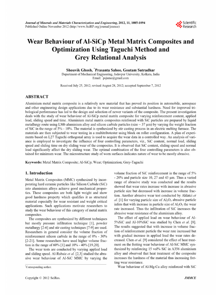 Wear Behaviour of Al-SiCp Metal Matrix Composites and Optimization ...