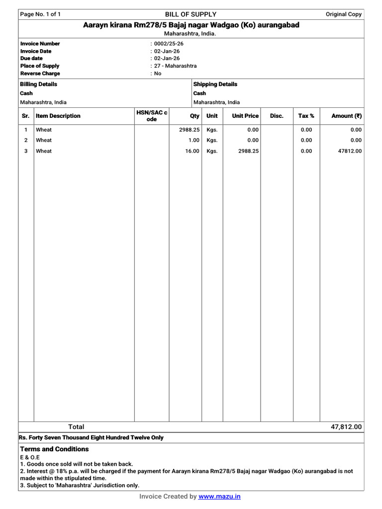 Invoice for Wheat Supply in Maharashtra | PDF