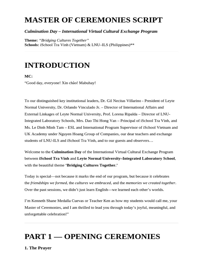 Master of Ceremonies Script for Cultural Exchange | PDF