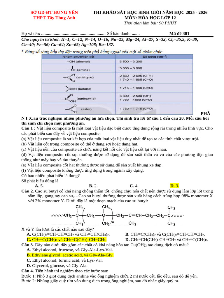 Ma - de - 301- Khảo Sát Lần 1. Hoá 2025. Nhàn | PDF