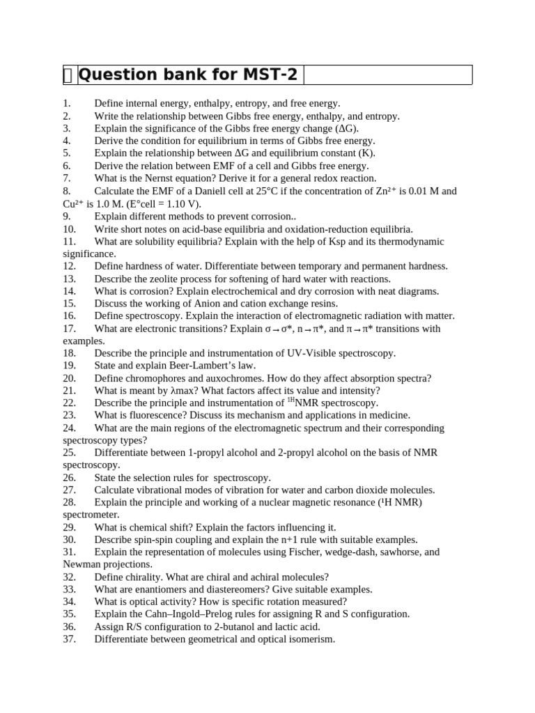 MST-2 Chemistry Question Bank | PDF | Gibbs Free Energy | Chemical ...