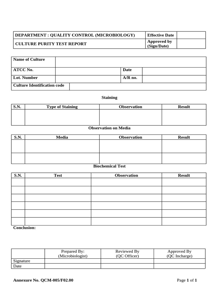 Qcm-005-f02.00 Culture Purity Test Report | PDF