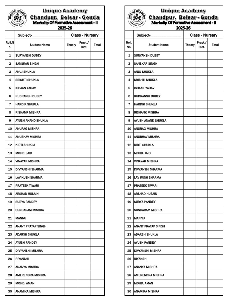 Nursery Formative Assessment Marks 2025 | PDF