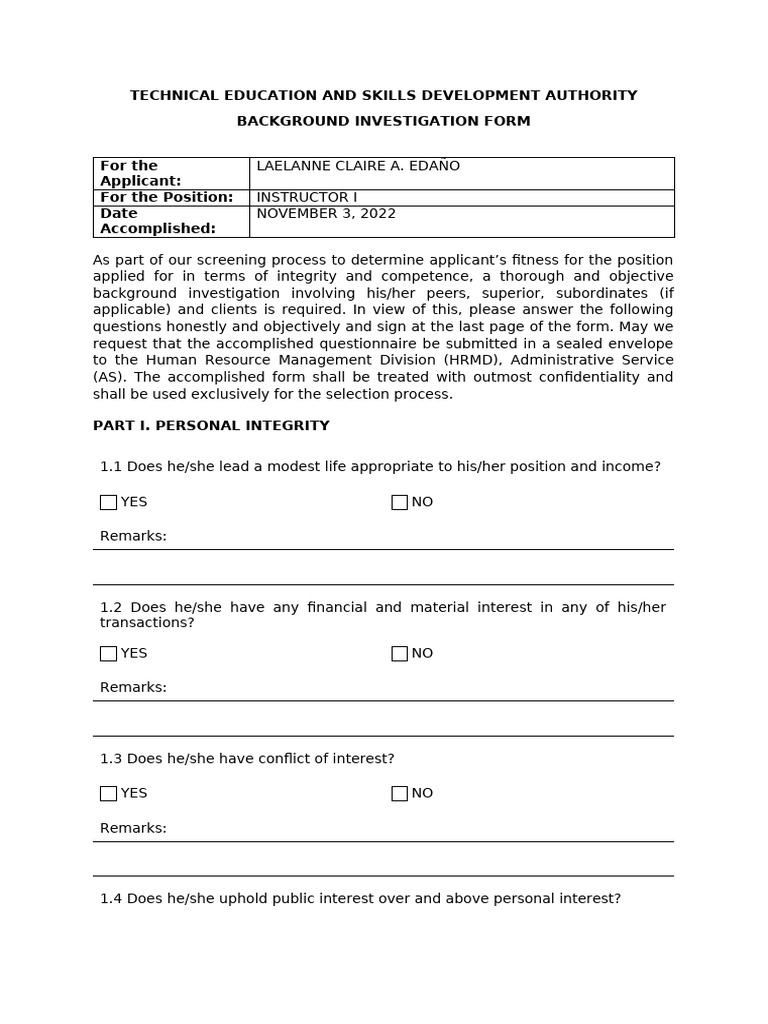TESDA Background Investigation Form | PDF | Social Psychology