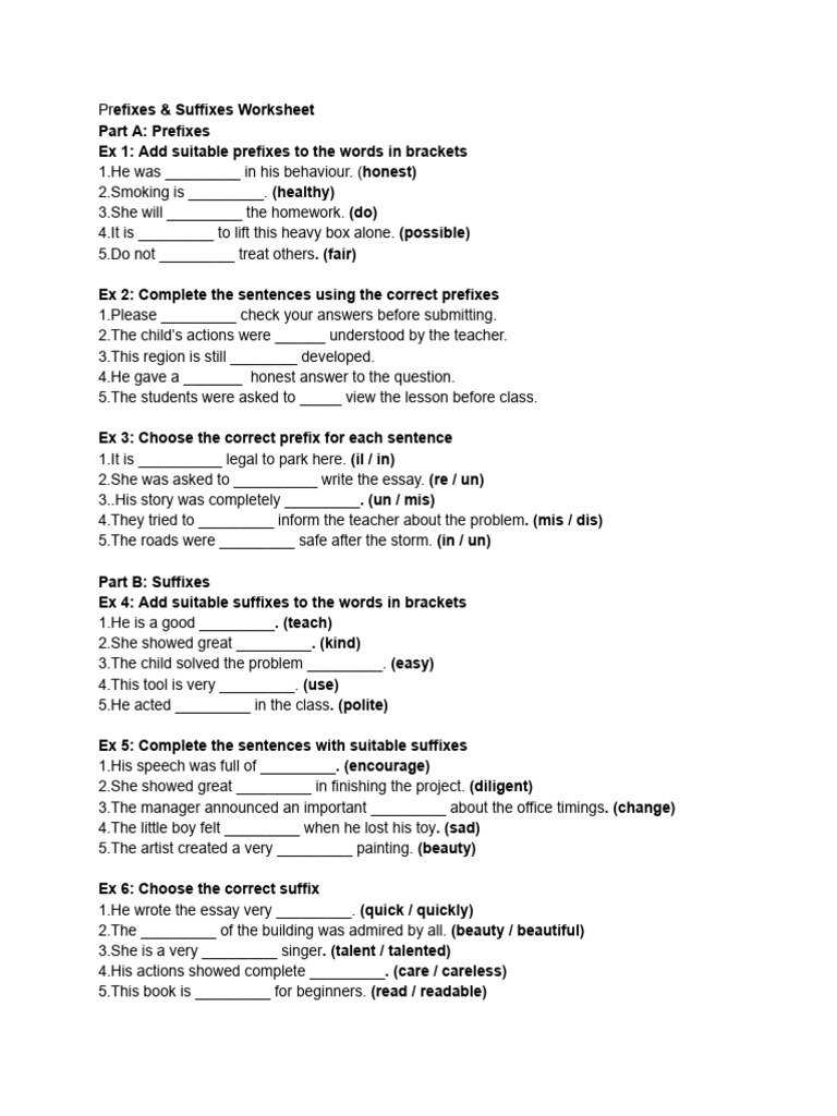 Prefixes and Suffixes Practice Worksheet | PDF