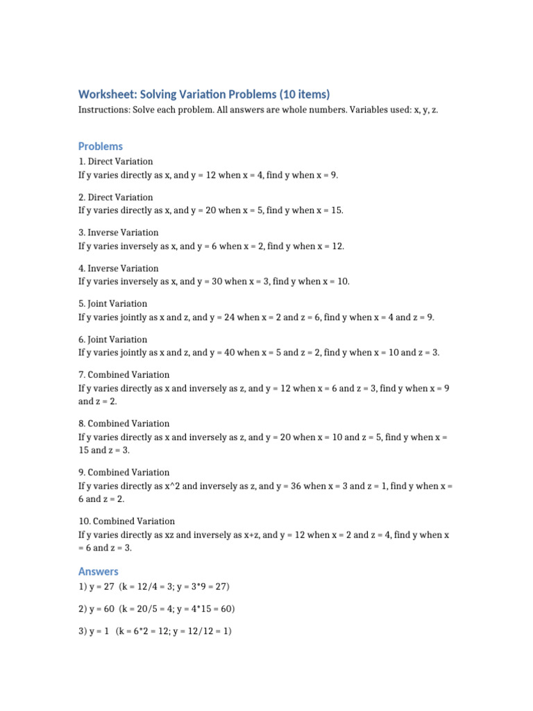 Variation Problems Worksheet | PDF