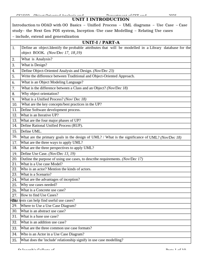 (Nov/Dec 17, 18,19) : Unit I Introduction | PDF | Use Case | Unified ...