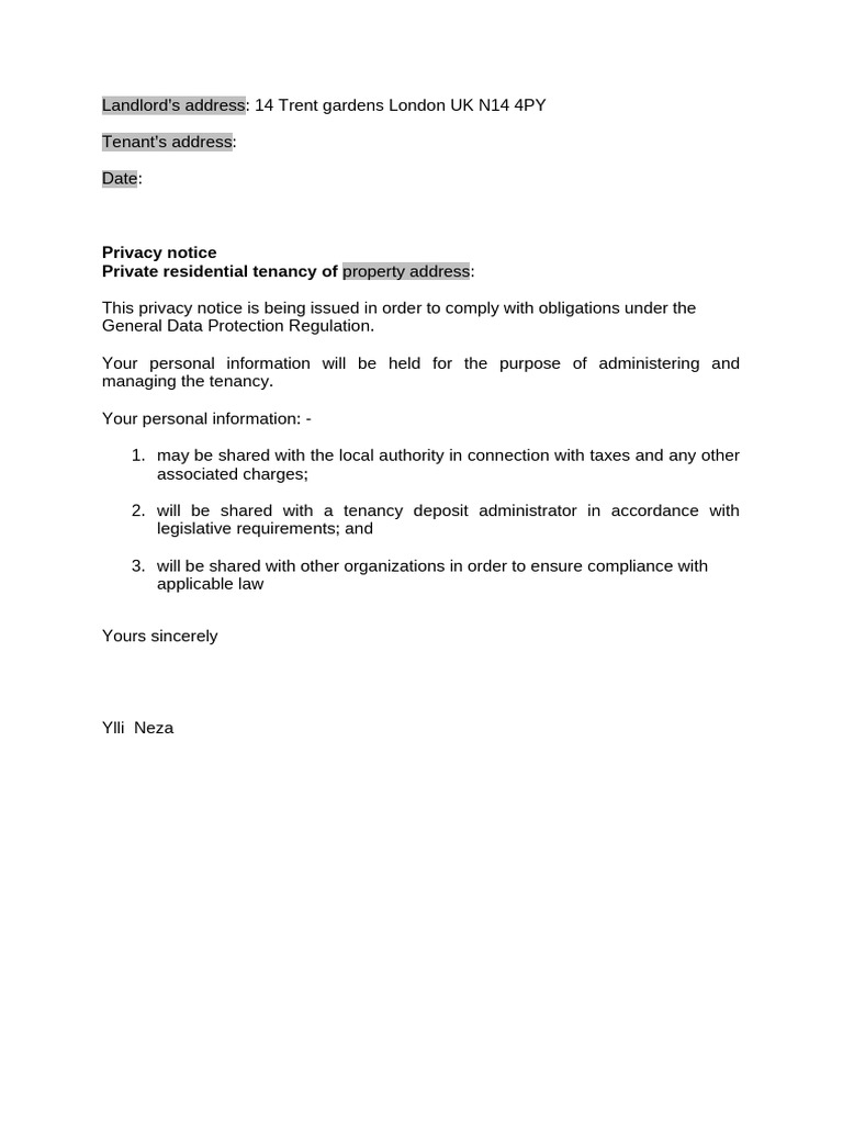 Model+Private+Residential+Tenancy+-+Privacy+ 28GDPR 29+notice | PDF