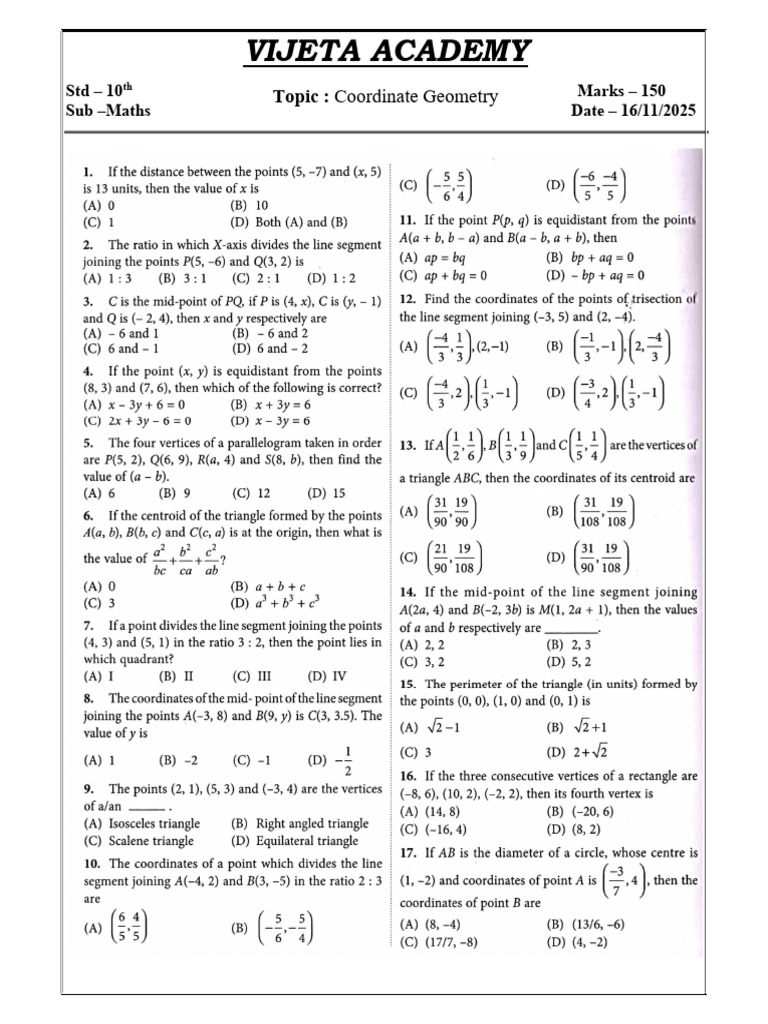 10th Co-Ordinate Geometry 16-11-25 | PDF