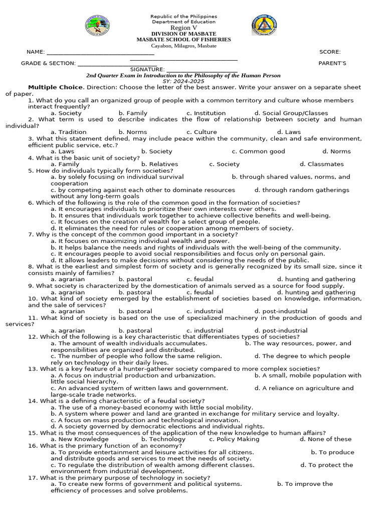 2nd Quarter Exam in Philosophy | PDF | Society | Gender Role
