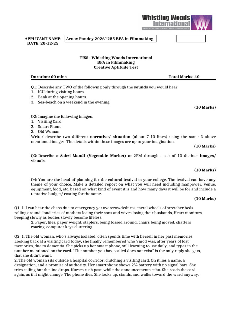 BFA Filmmaking Creative Aptitude Test | PDF | Storytelling | Narrative