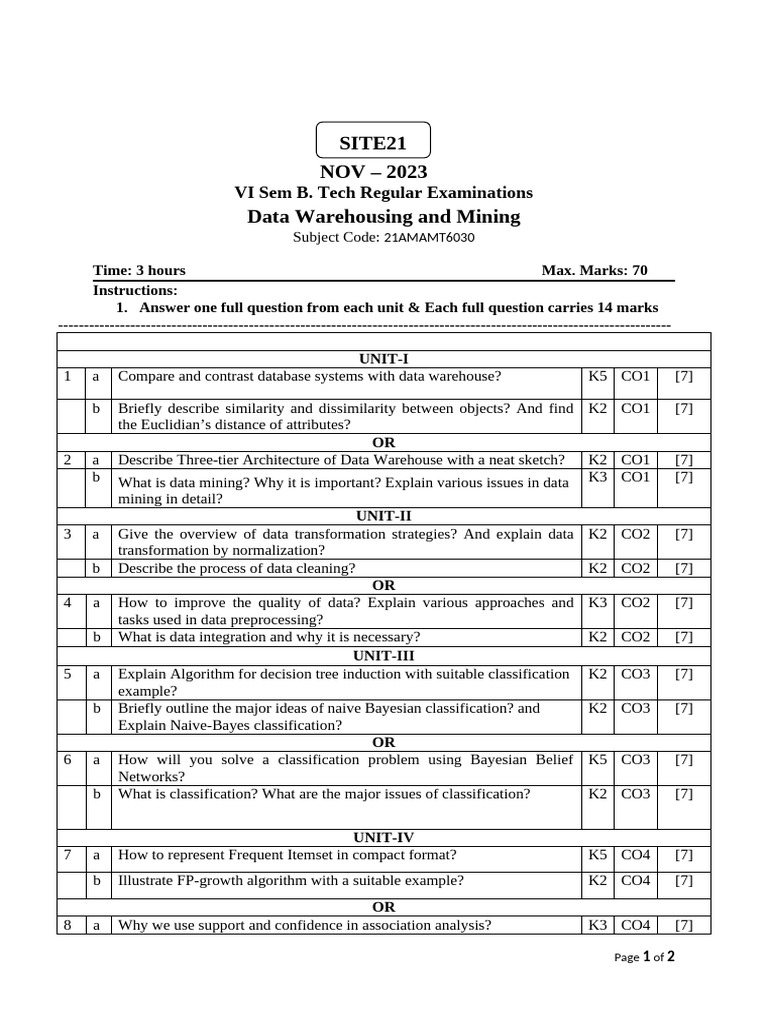 Data Warehousing and Mining Exam Guide | PDF | Cluster Analysis | Data ...