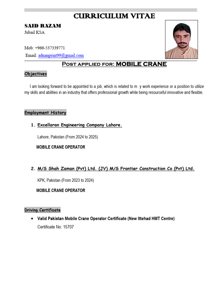 Mobile Crane Operator CV - Said Razam | PDF | Crane (Machine)