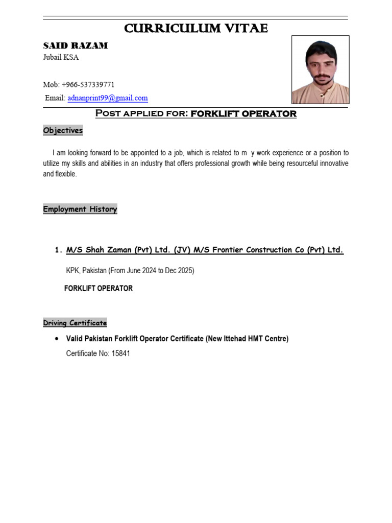 Forklift Operator CV for Said Razam | PDF