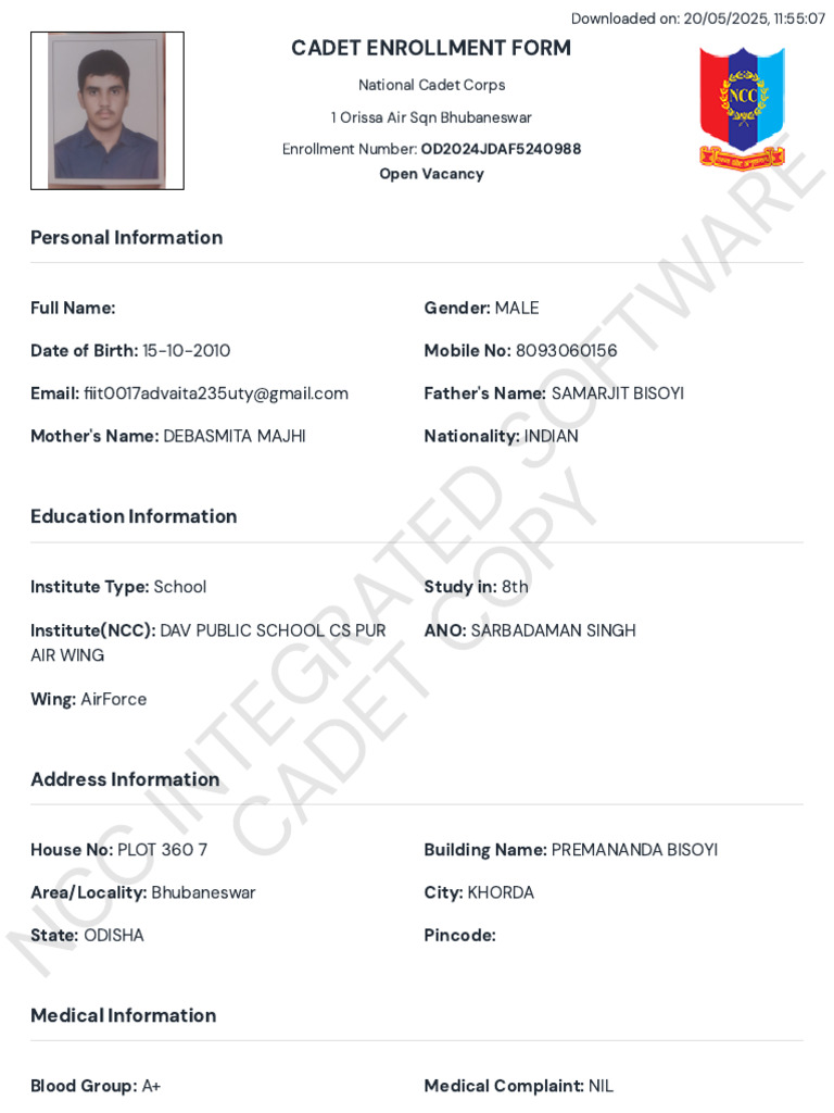 NCC Cadet Enrollment Form 2024 | PDF | Military Life | Military ...