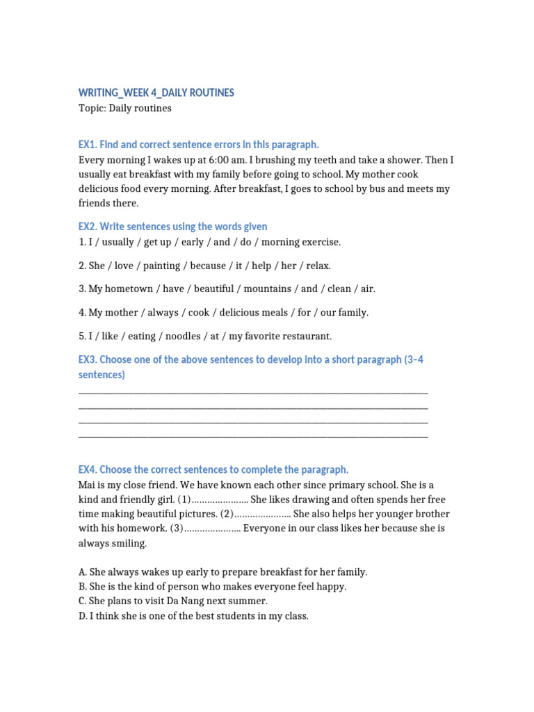 Daily Routines Writing Exercises | PDF