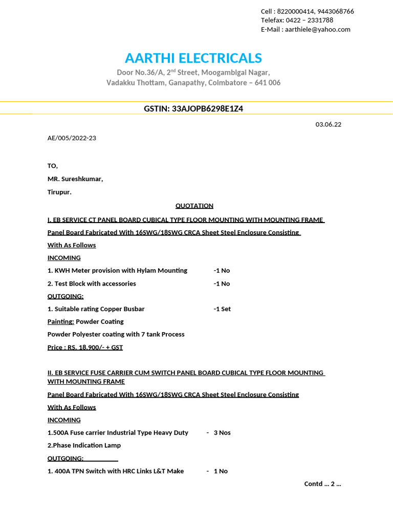 Electrical Panel Board Quotation | PDF | Electrical Engineering ...