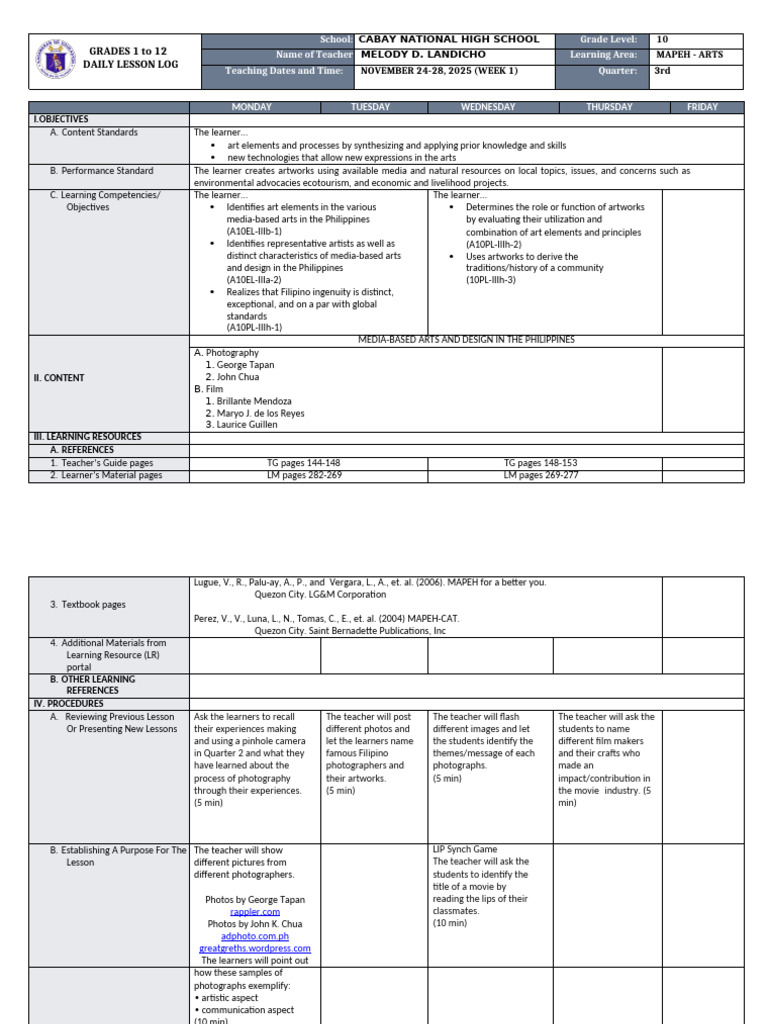 Grade 10 MAPEH Arts Lesson Plan | PDF | Camera | Learning
