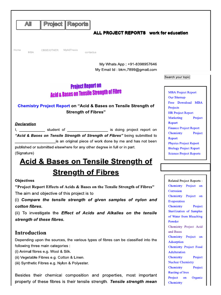 Effect of Acids and Bases On Tensile Strength of Fibres | PDF