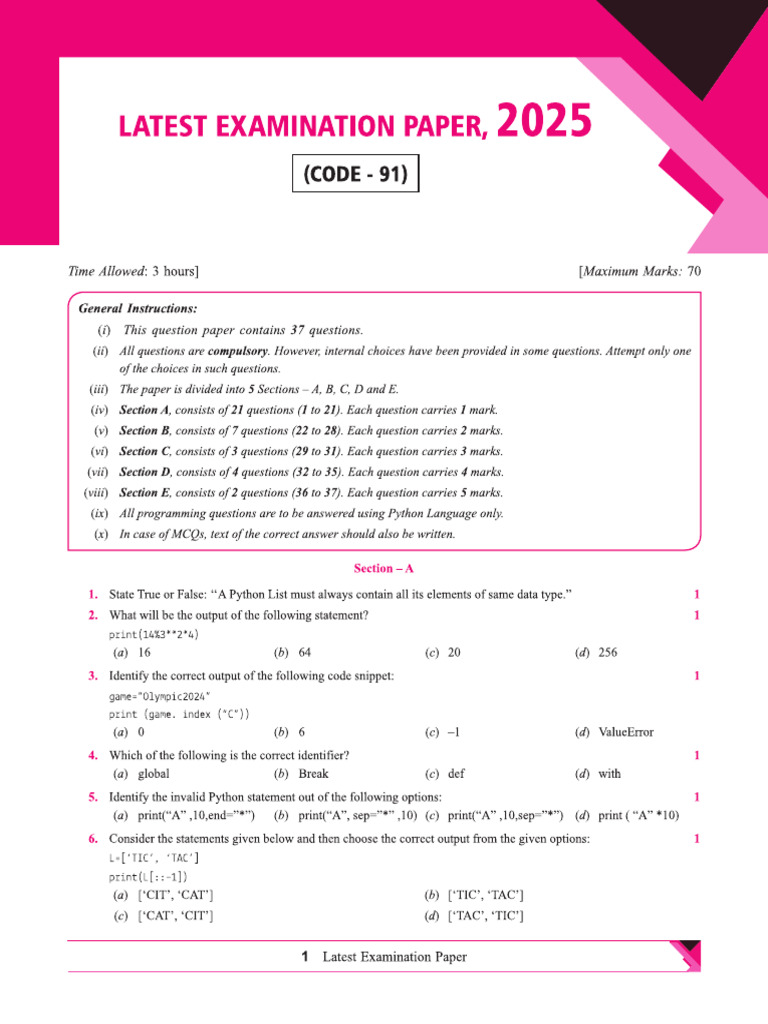 Cbse Cl12 Together With Computer Sci With Python Latest Examination ...