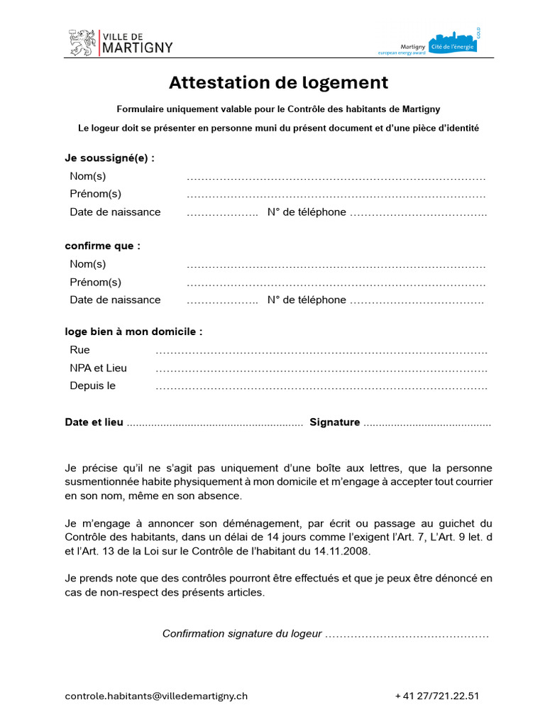 Attestation de logement Martigny | PDF