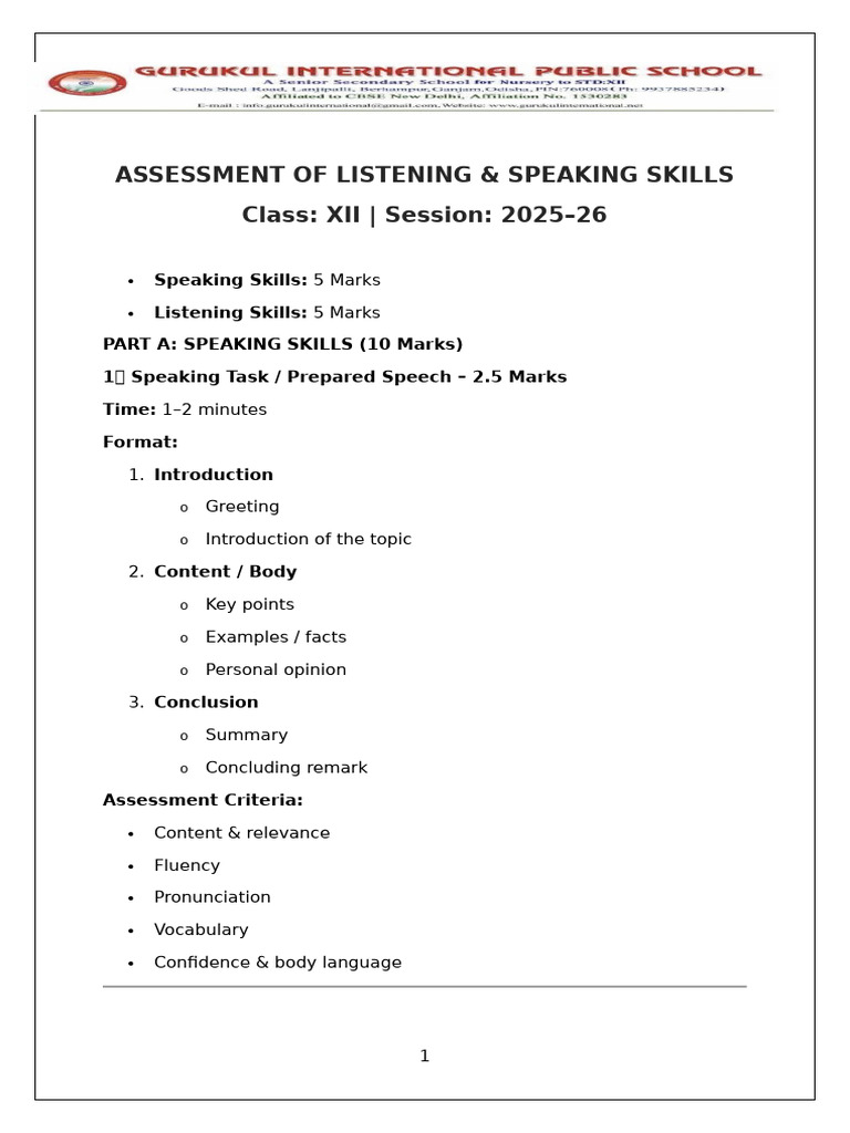 Class XII Listening & Speaking Skills Assessment | PDF