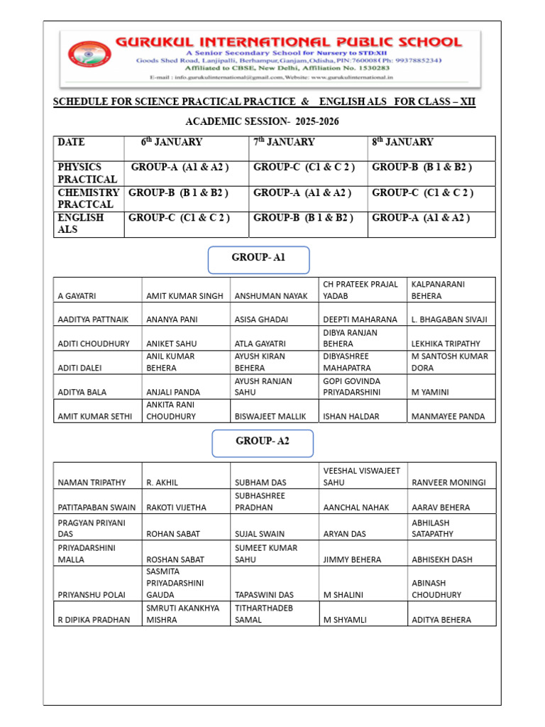 Class XII Science & English Practical Schedule | PDF