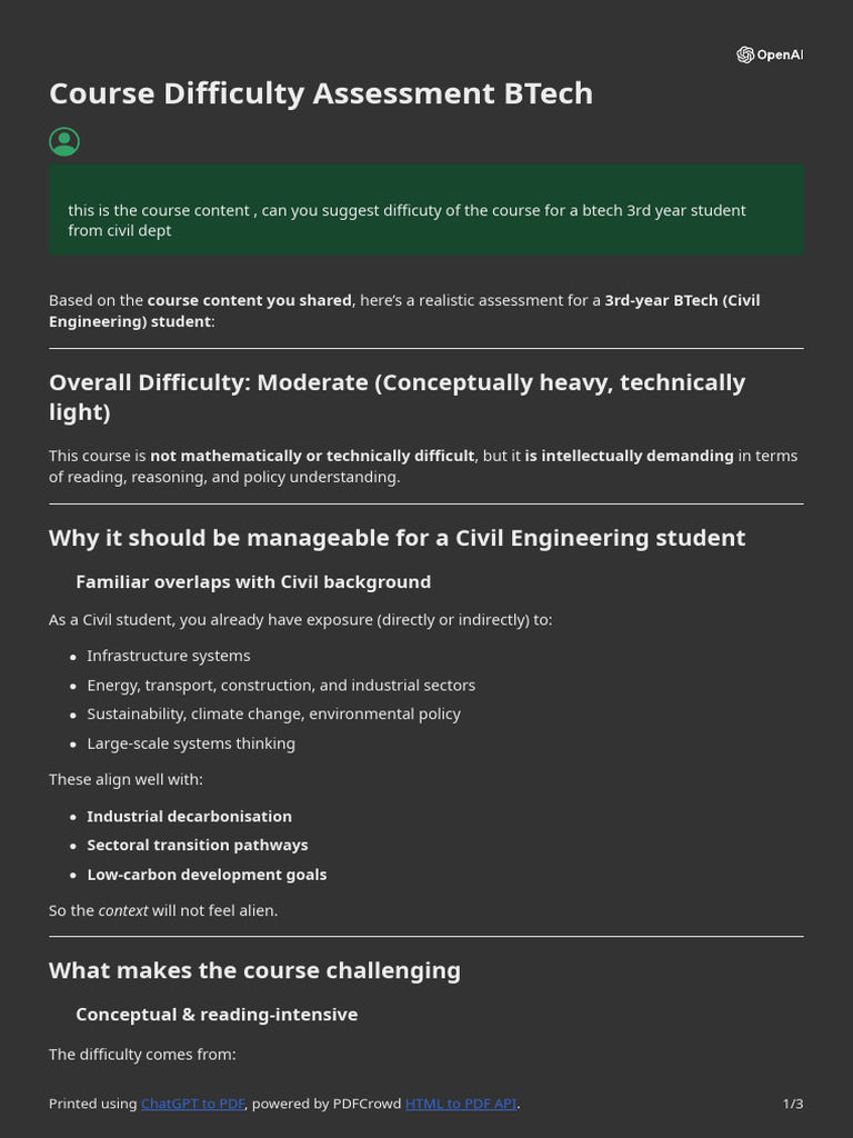 BTech Civil Course Difficulty Assessment | PDF | Economies