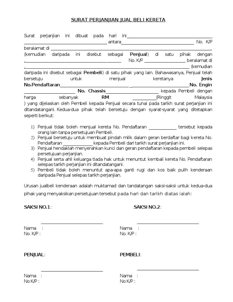 Contoh Surat Perjanjian Jual Beli Kenderaan Malaysia