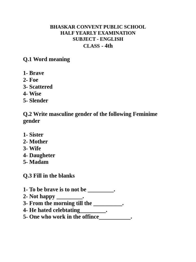 Class 4 English Half-Yearly Exam Guide | PDF