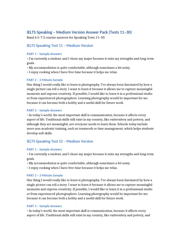 IELTS Speaking Test Answers Pack 11-30 | PDF | International English ...