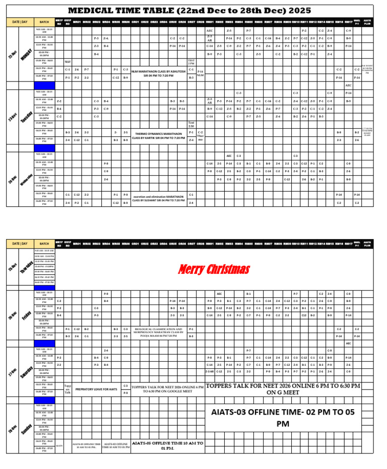 Medical Time Table (22nd Dec To 28th Dec) 2025 | PDF