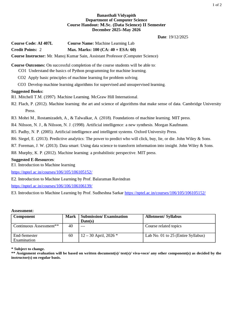 M.Sc. Machine Learning Lab Course Guide | PDF | Regression Analysis ...