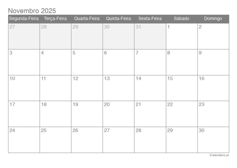 Calendário de Novembro 2025 | PDF
