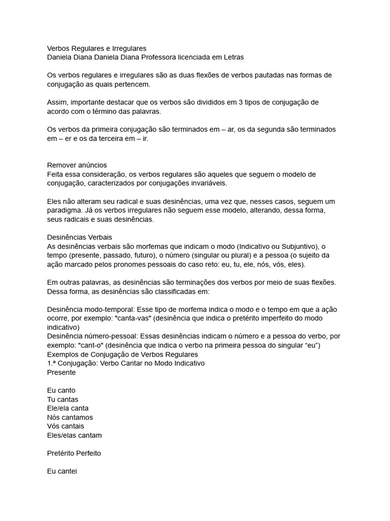 Verbos Regulares e Irregulares em Português | PDF | Mecânica da ...