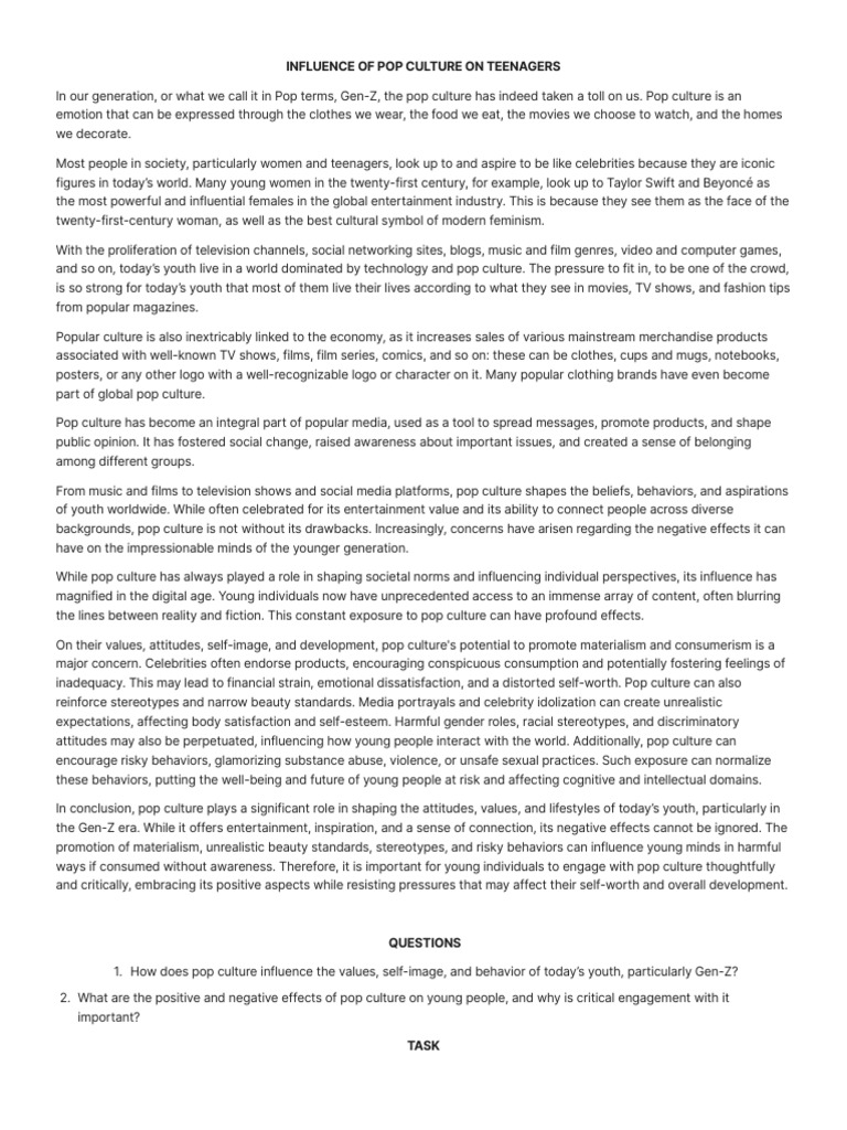 Impact of Pop Culture on Gen-Z Teens | PDF | Popular Culture | Self Esteem
