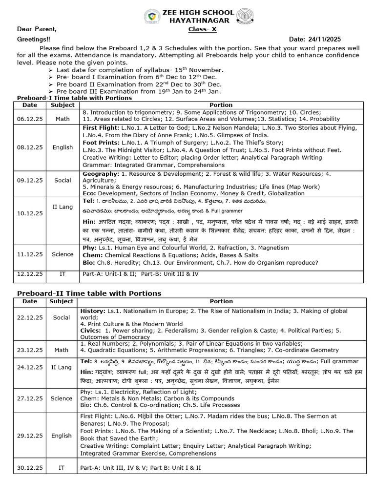 Class X Preboard Exam Schedule 2025 | PDF | Mathematics