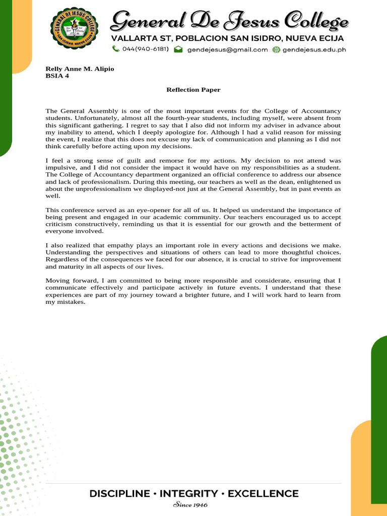 Reflection on College Assembly Absence | PDF | Psychology